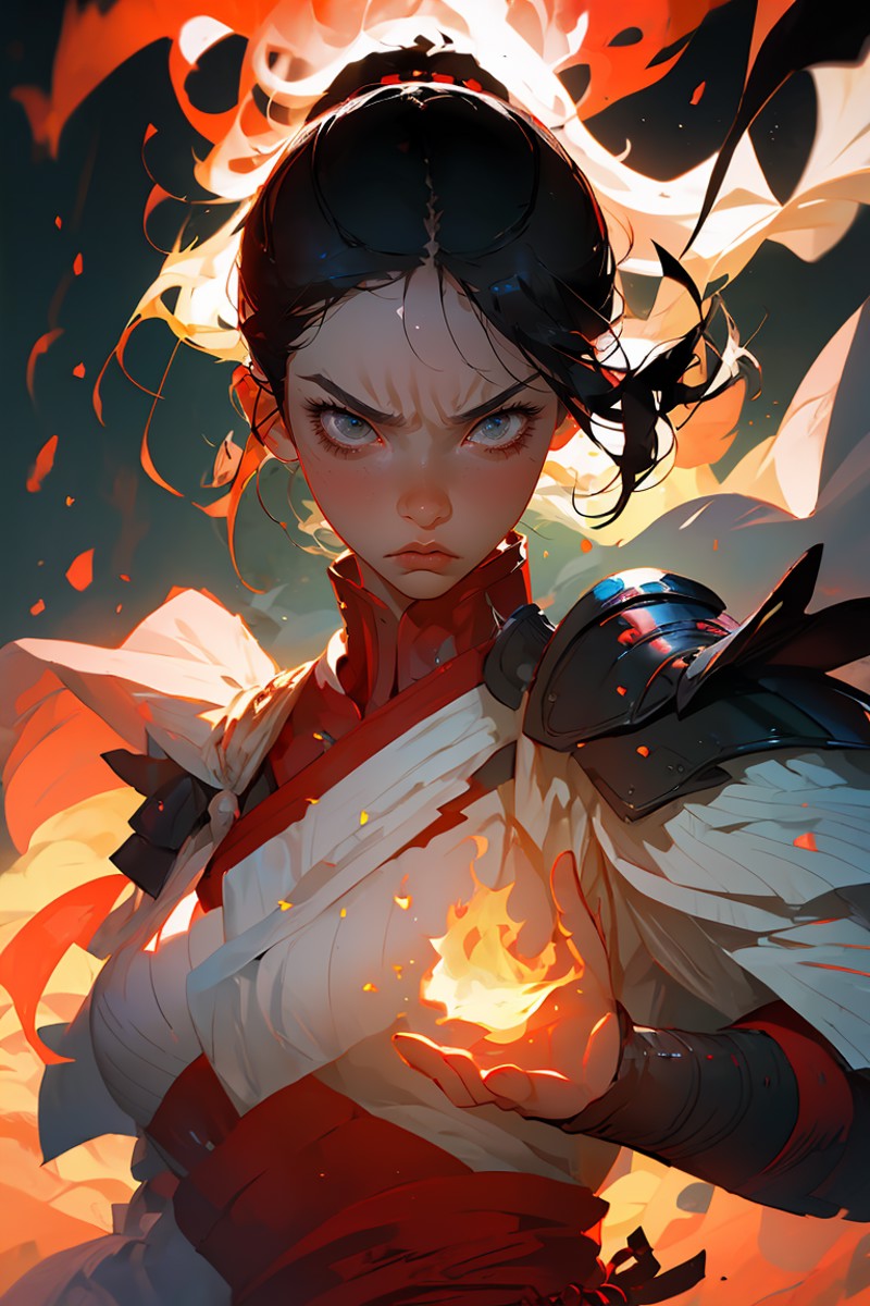 (best quality, masterpiece), 1girl, samurai, particle, wind, pose, upper body, imminent attack, angry, flame
